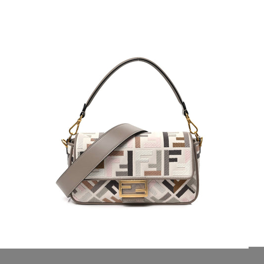F**di canvas vitello seta ff multicolor embroidered baguette grezzo multicolor tortora (28*16*6cm)