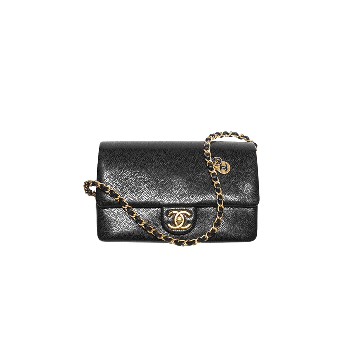 Ch*el small flap bag grained shiny calfskin & gold-tone metal as5186 (23*15*8cm)