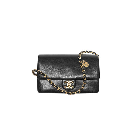 Ch*el small flap bag grained shiny calfskin & gold-tone metal as5186 (23*15*8cm)