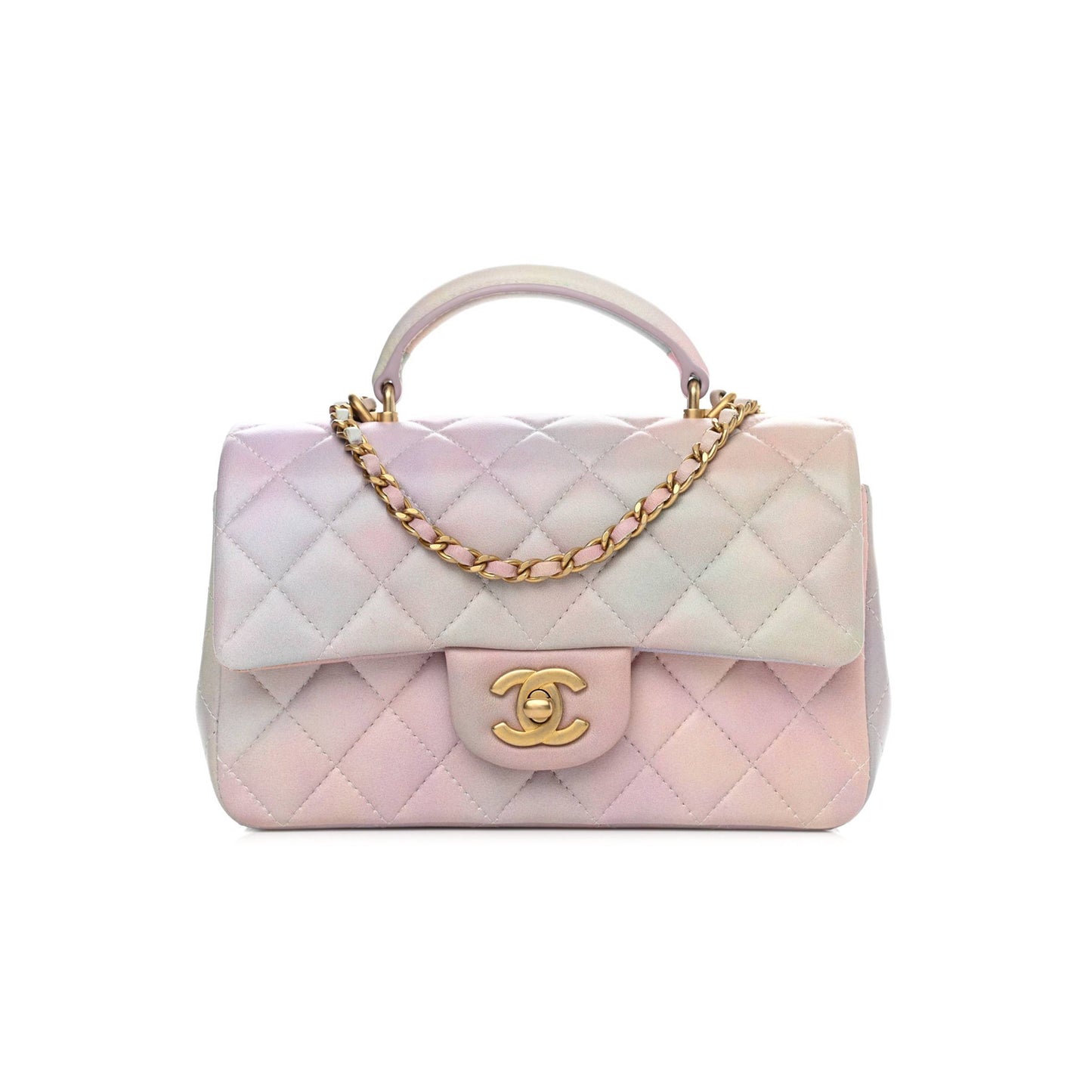 Ch*el lambskin quilted ombre mini top handle rectangular flap pink multicolor gold hardware (20*13*6cm)