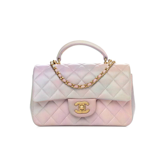 Ch*el lambskin quilted ombre mini top handle rectangular flap pink multicolor gold hardware (20*13*6cm)