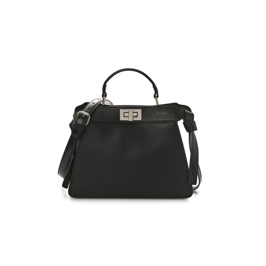 F**di vitello seta shiny nappa logo embossed laces small peekaboo i see u satchel black (27*20*11cm)