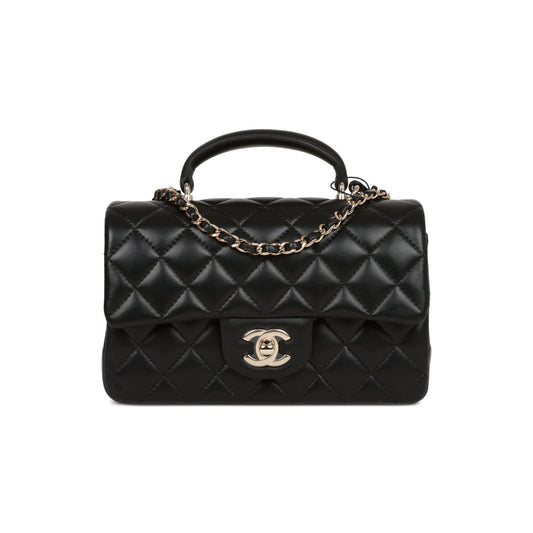 Ch*el mini rectangular flap bag with top handle black lambskin light gold hardware (22*15*8cm)