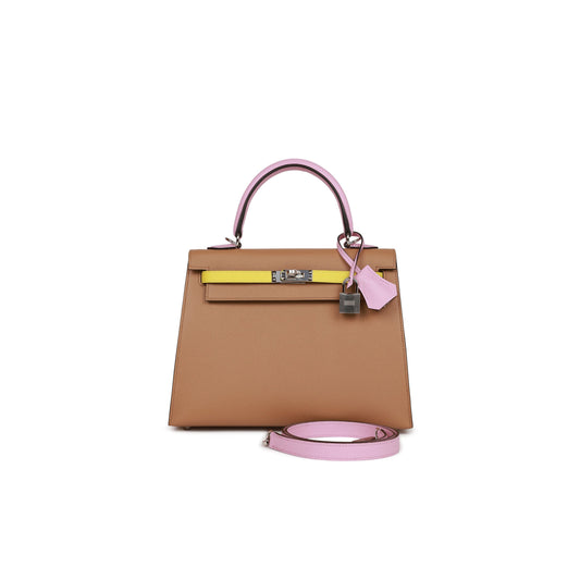 H**mes kelly sellier 25 tri-color chai, lime and mauve sylvestre epsom palladium hardware(25*17*7cm)