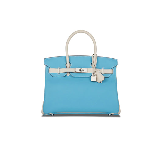 h**mes birkin 25 togo leather N0*Hern blue and milkshake white silver buckle handbag 2161400178398 (25*20*13cm)