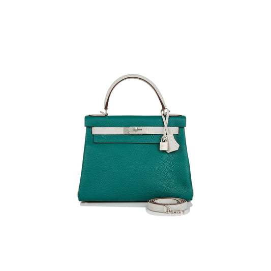 H**mes special order (hss) kelly retourne 28 malachite and gris perle clemence brushed palladium hardware (28*22*10cm)