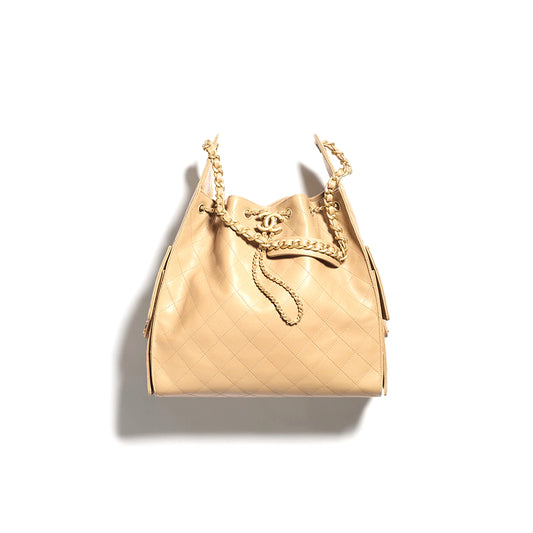 Ch*el 25 medium handbag grained calfskin & gold-tone metal dark beige as5311 (40*30*15cm)
