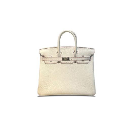 H**mes birkin 25 togo leather pure white color matching inner leather matching rose red silver buckle 7600214487 (25*20*13cm)