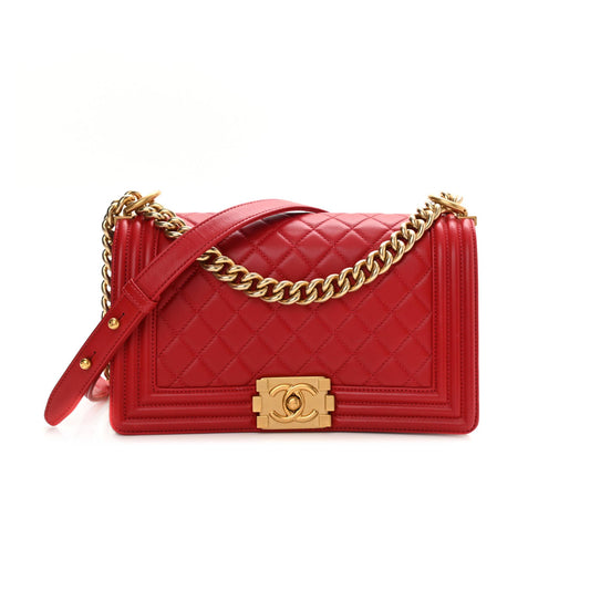 Ch*el lambskin quilted medium boy flap red gold hardware (25*15*8cm)