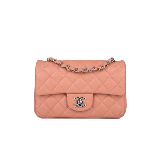 Ch*el mini rectangular flap bag rose lambskin silver hardware (20*13*6cm)