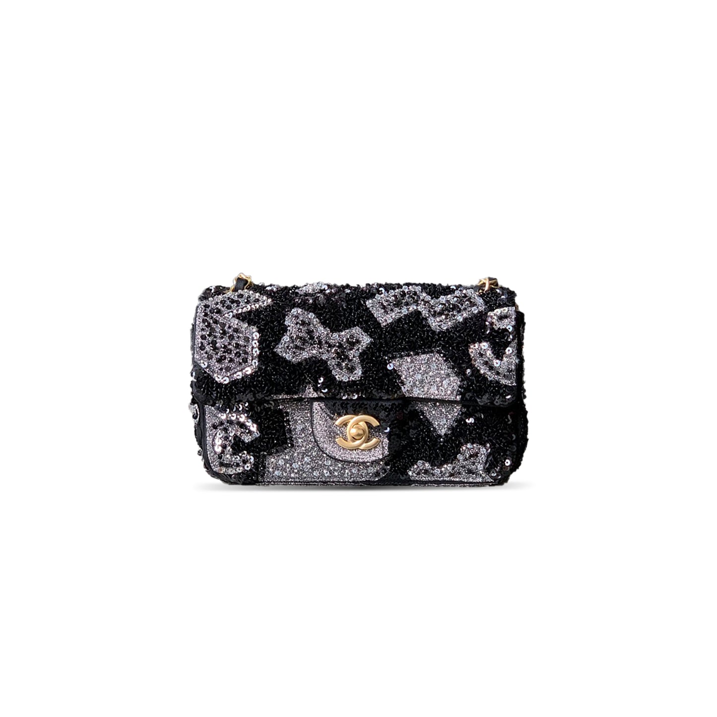 Ch**el 25p classic flap sequins & gold-tone metal black (20*12*6cm)