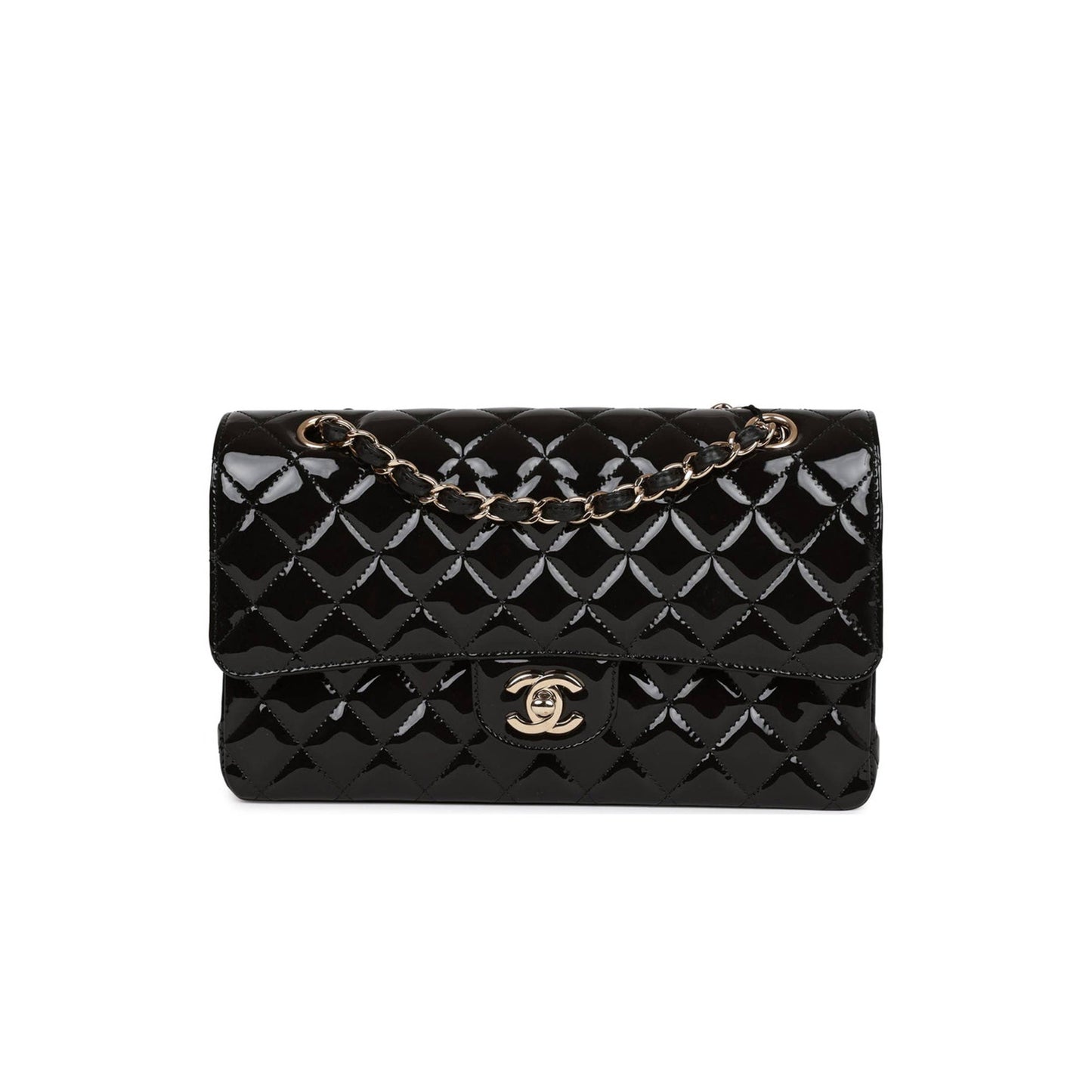 Ch*el medium classic double flap bag black patent light gold hardware (25*15*7cm)