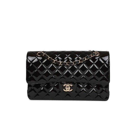 Ch*el medium classic double flap bag black patent light gold hardware (25*15*7cm)