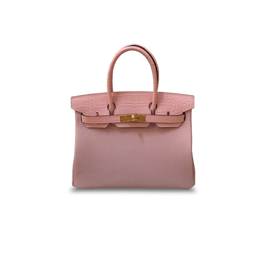 H**mes master birkin 30 matte crocodile and togo leather sakura pink gold buckle h076235ck34 (30*22*16cm)