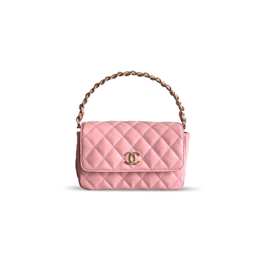 Ch*el handle flap bag patent calfskin & gold metal pink 496583 (18.5*10.5*8cm)