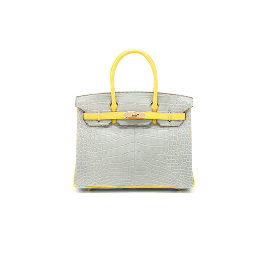 H**mes master birkin 30 crocodile leather pearl grey and yellow bag gold buckle h041367ck43 (30*22*16cm)