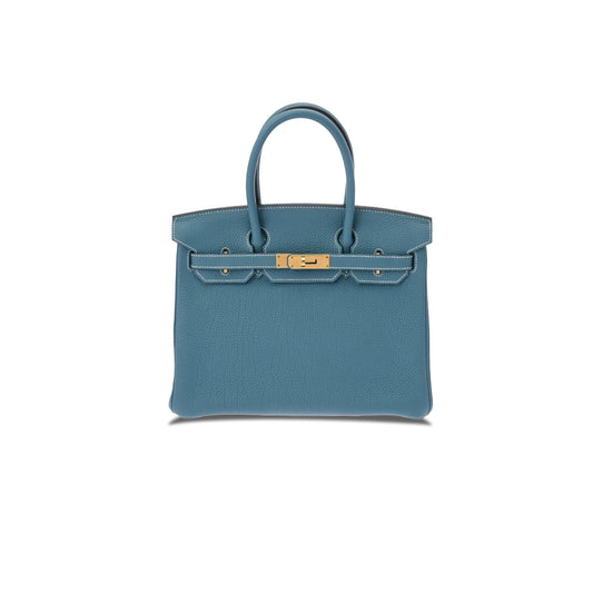H**mes birkin 30 togo leather denim blue lemon yellow gold buckle handbag 627751 (30*23*15cm)