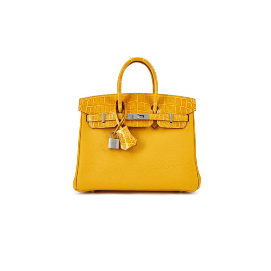 H**mes master birkin 25 crocodile and togo leather amber silver buckle h076216ck22 (25*20*13cm)