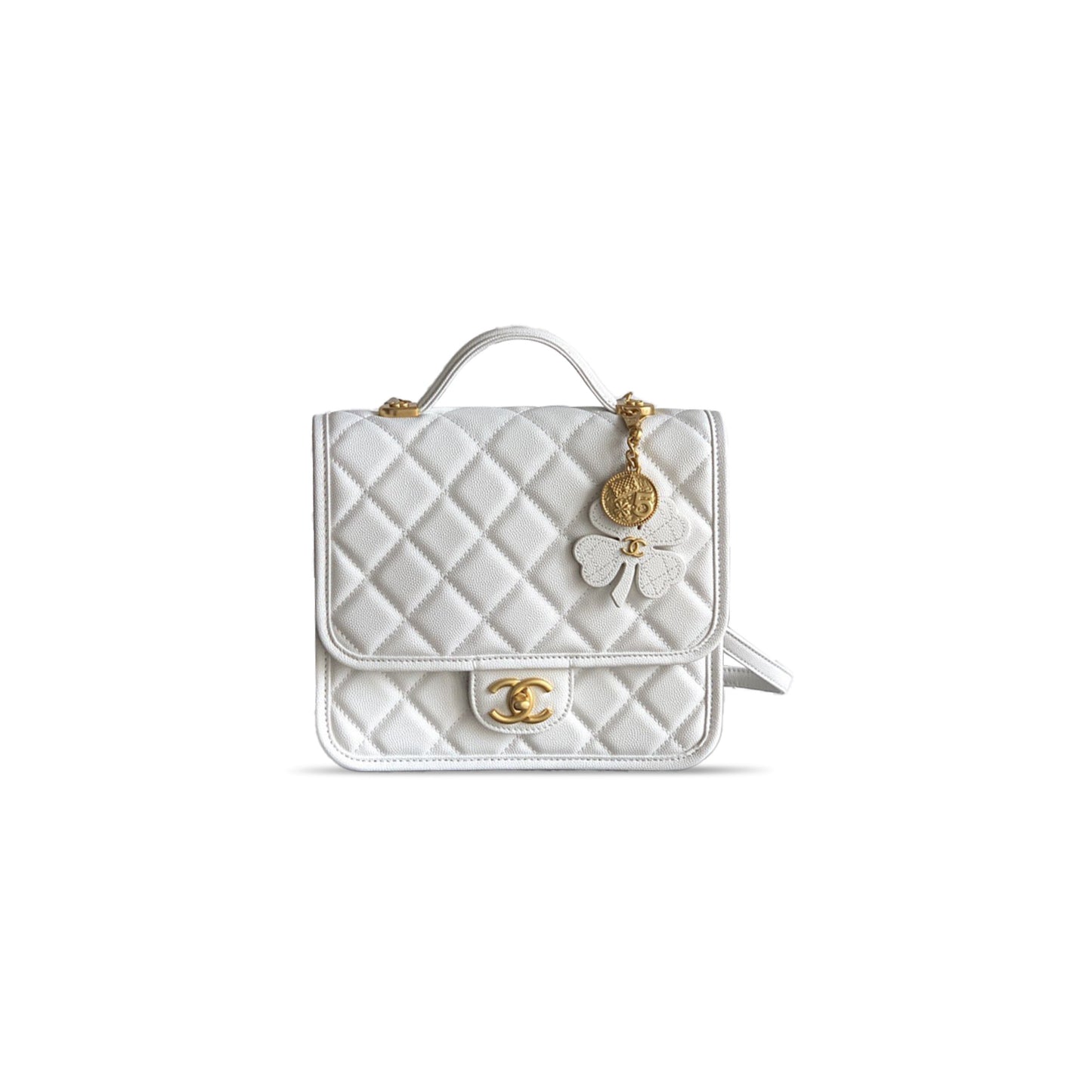 Ch**el backpack grained shiny calfskin & gold-tone metal white as5715 (22*19.5*7cm)