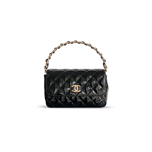 Ch*el handle flap bag patent calfskin & gold metal black 496582 (18.5*10.5*8cm)