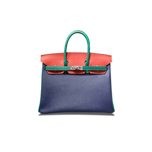 H**mes birkin 25 epsom sapphire blue malachite green and bright red silver buckle h028362cc03 (25*18*13cm)