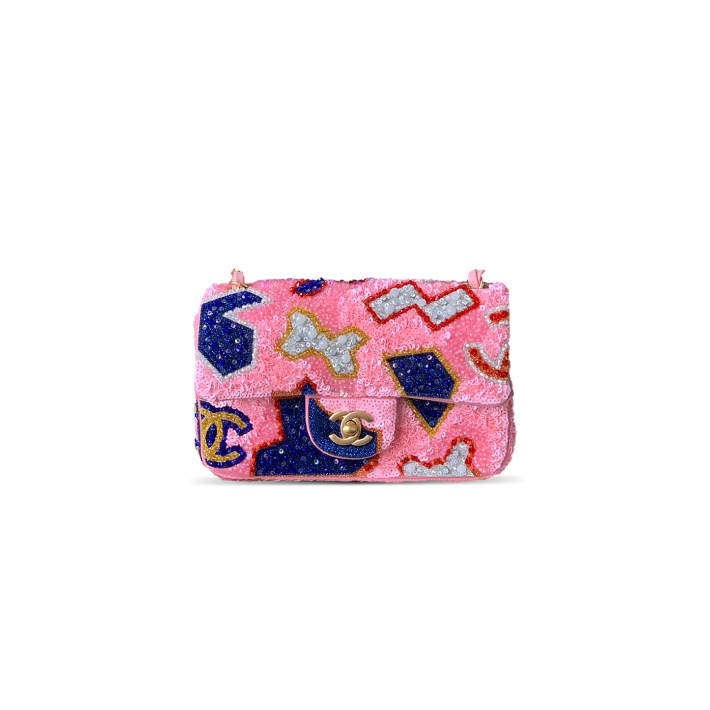 Ch**el 25p classic flap sequins & gold-tone metal pink (20*12*6cm)