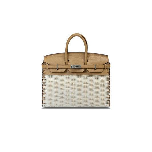 H**mes master birkin 25 picnic bag sesame crocodile leather and woven wicker bag h082668ck05 (25*20*13cm)