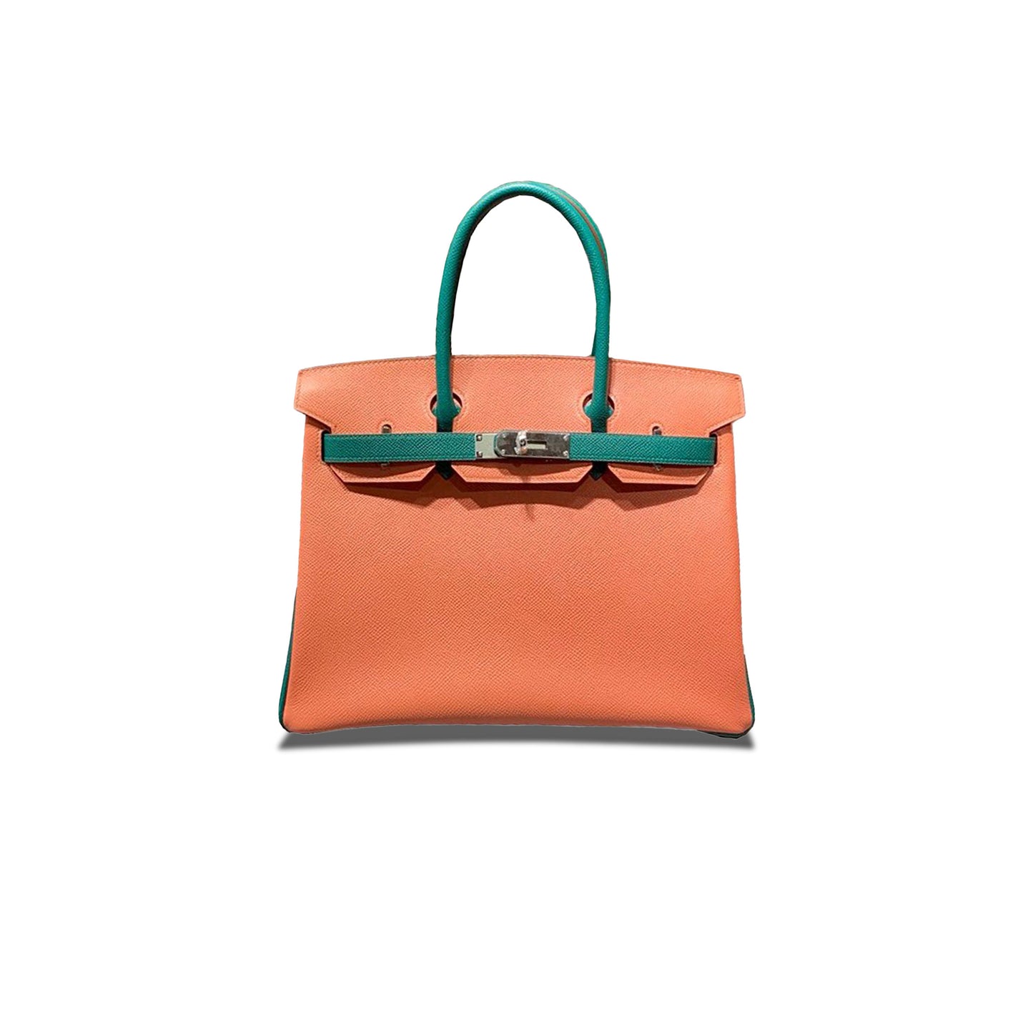 H**mes master birkin 30 epsom lobster pink and peacock green silver buckle bag h028369ck70 (30*23*15cm)