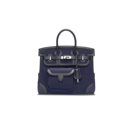 H**mes master birkin 25 navy blue canvas silver buckle unisex bag msbk3418810 (25*20*13cm)