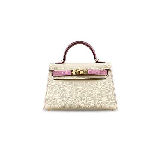 H**mes mini kelly ii epsom cream white mallow purple gold buckle (19*12*5.5cm)