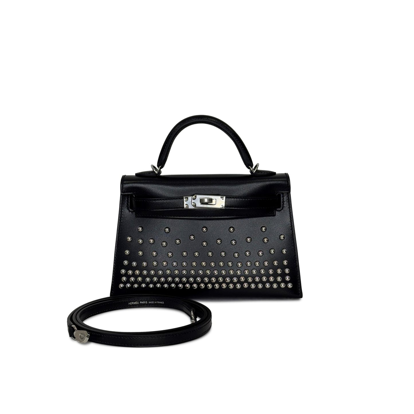 H**mes BLACK BOX CLOUTE STUDDED MINI KELLY II 20 PALLADIUM HARDWARE (20*12*6cm)