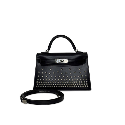 H**mes BLACK BOX CLOUTE STUDDED MINI KELLY II 20 PALLADIUM HARDWARE (20*12*6cm)