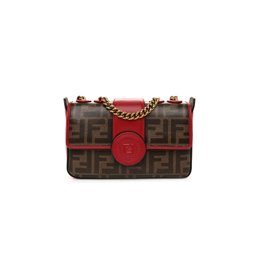 F**di glazed fabric vitello century ff 1974 stamp patch mini double f crossbody bag mogano panna fragola (19*13*4cm)
