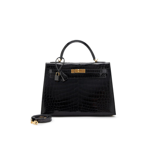 H**mes BLACK SHINY NILOTICUS CROCODILE SELLIER KELLY 32 GOLD HARDWARE (32*23*11cm)