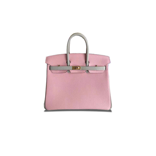 H**mes birkin 25 chevre leather cherry blossom and pearl grey gold buckle h028361cc69 (25*20*13cm)