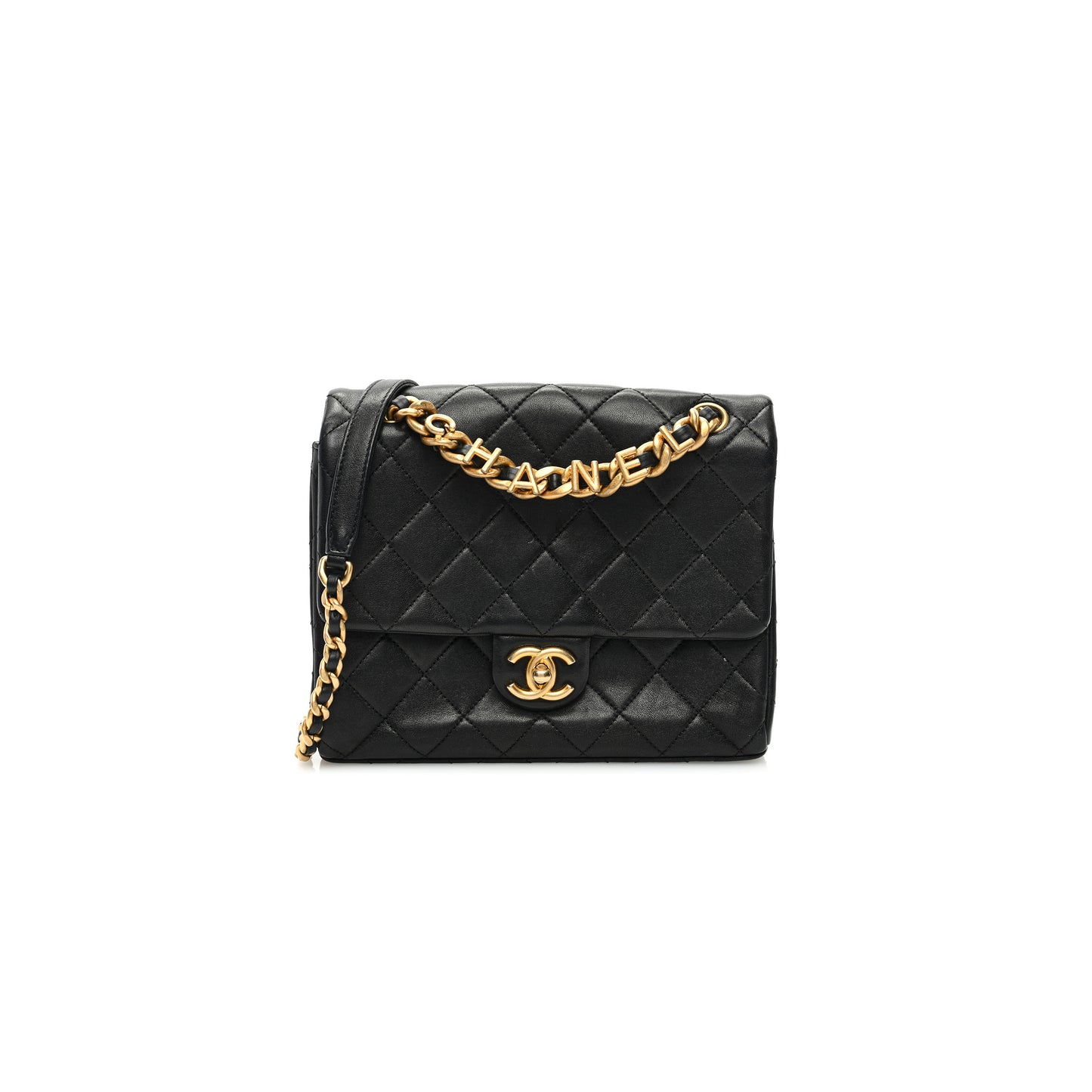 Ch*el master lambskin quilted chaine lettre square flap black (23*17*8cm)