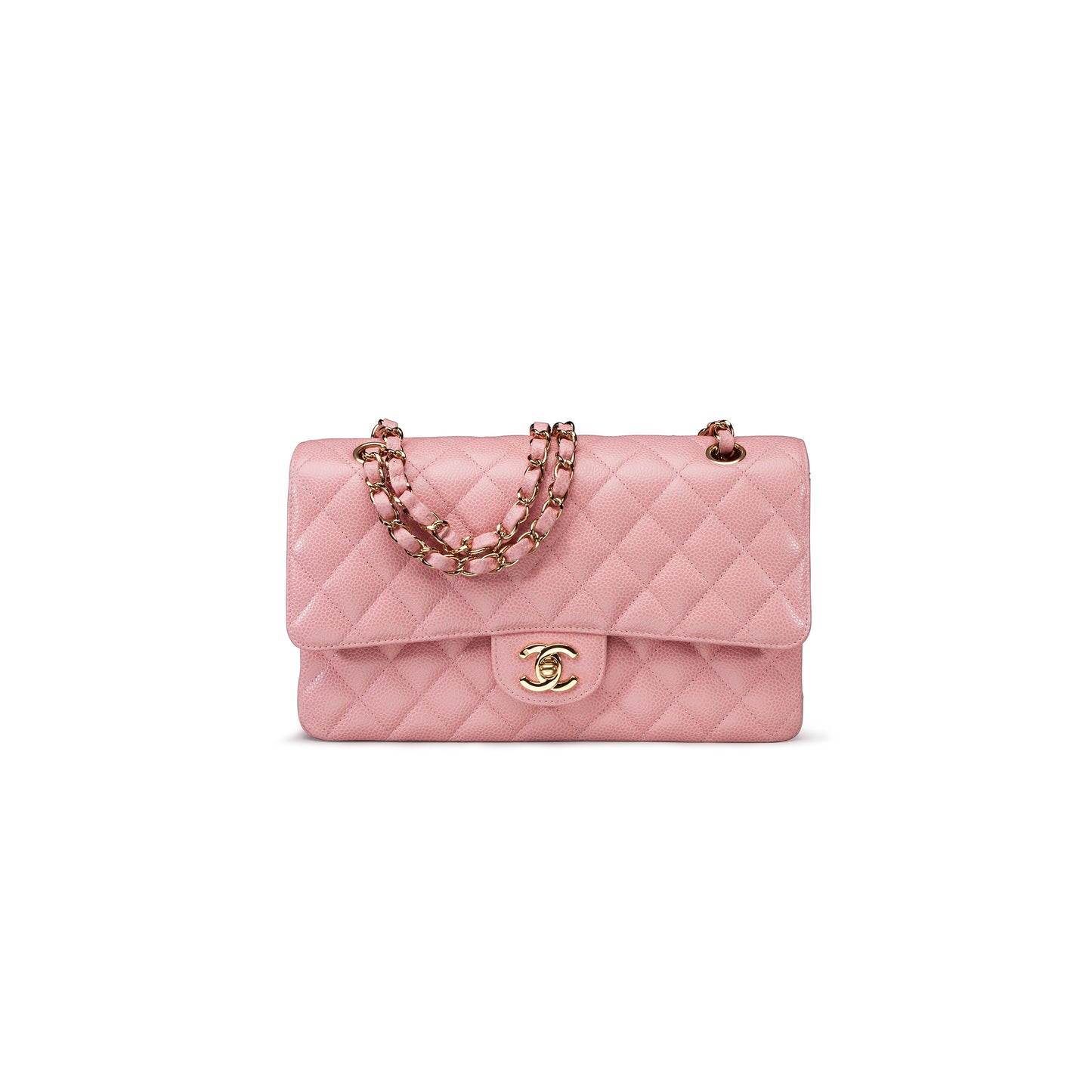 Ch*el pink cavair leather medium double flap bag a37586 (25*15.5*6.5cm)