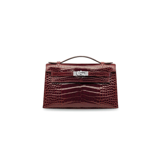 H**mes MASTER A SHINY ALLIGATOR KELLY POCHETTE WITH PALLADIUM HARDWARE (22*14*7cm)