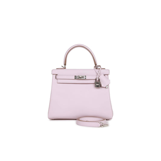 H**mes kelly retourne 25 mauve pale swift palladium hardware handmade(25*17*7cm)