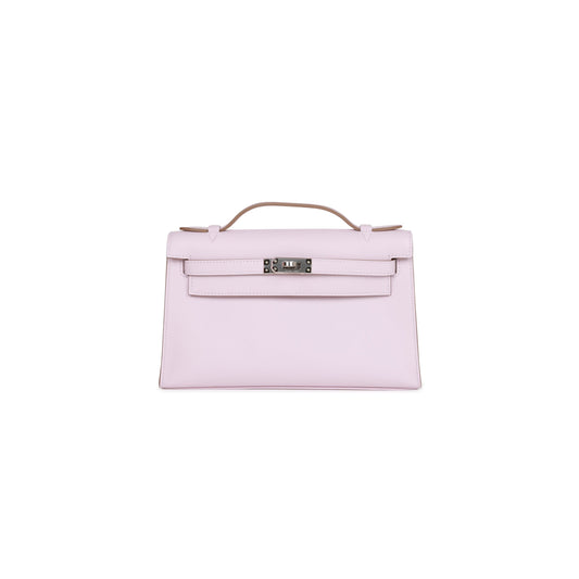 H**mes kelly pochette mauve pale swift palladium hardware (22*14*7cm)