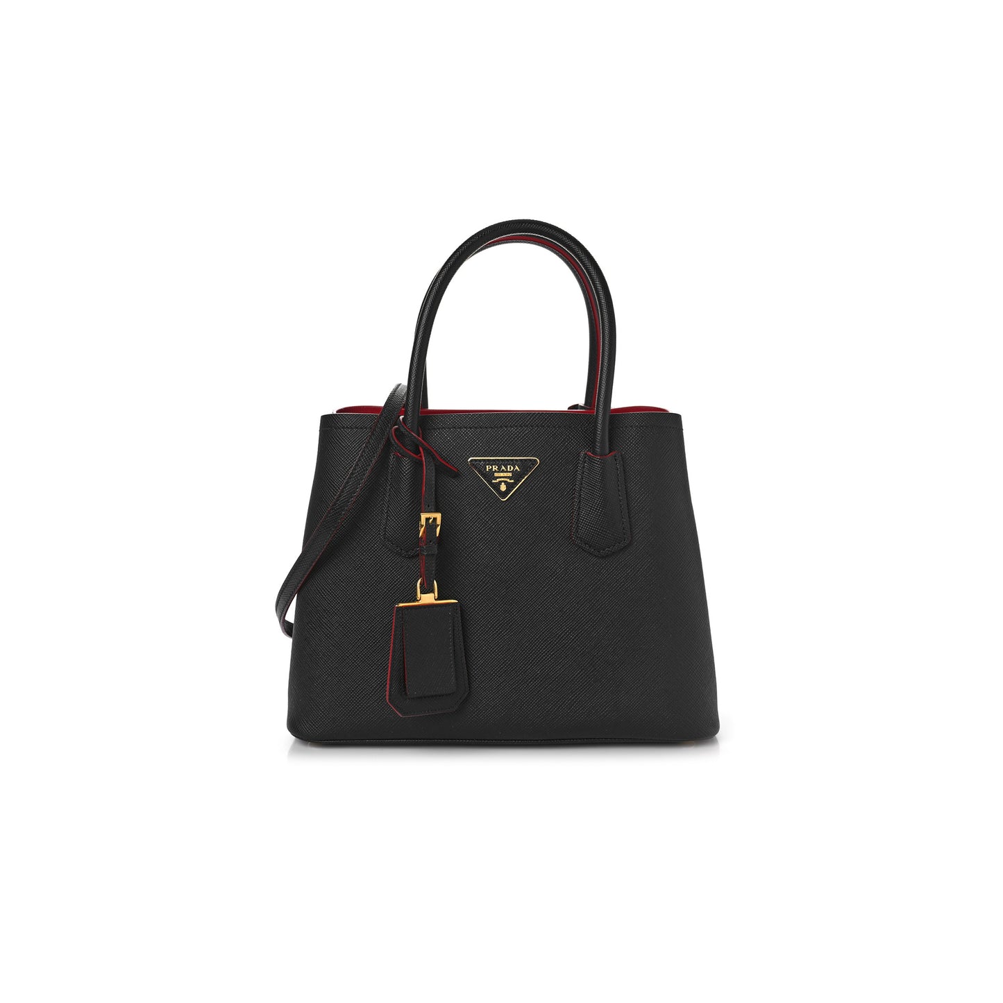 Pra*a saffiano cuir small double bag black ciliegia 1bg443 (25*18.5*12.5cm)