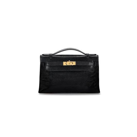 H**mes master black shiny niloticus lizard kelly pochette gold hardware (22*14*7cm)