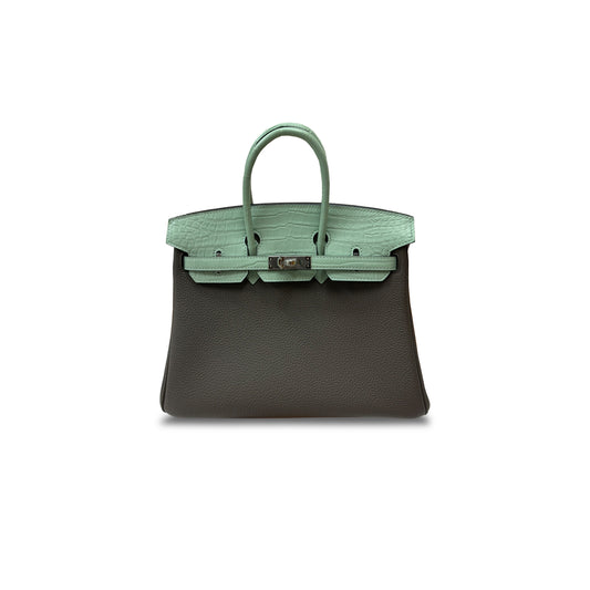 H**mes master birkin 25 crocodile and togo leather avocado green and pewter grey silver buckle h076216ckbl (25*20*13cm)