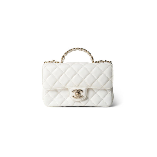 Ch*el master white crystal top handle flap light gold hardware (18*11.5*6.5cm)