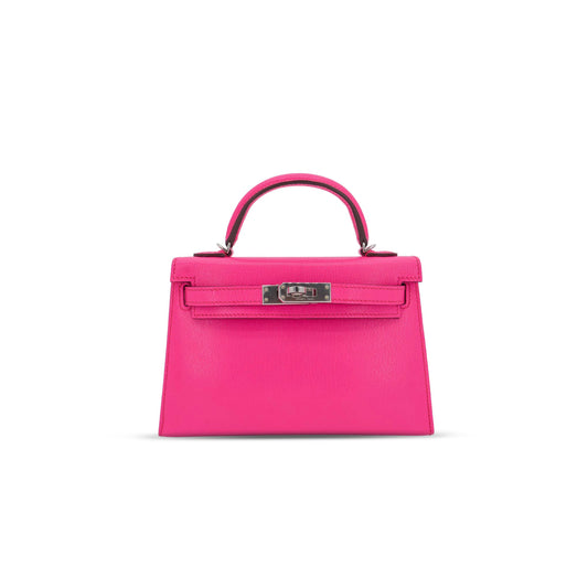 H**mes kelly ii sellier mini rose pop chevre leather palladium hardware 103785 (20*11*6cm)