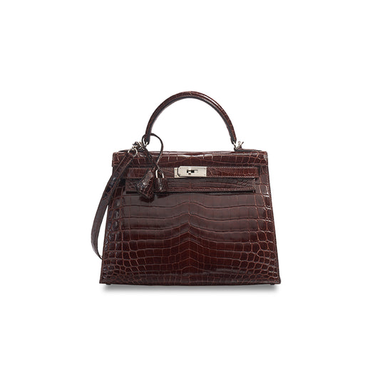 H**mes master a shiny havane niloticus crocodile sellier kelly 28 with palladium hardware (28*22*10cm)