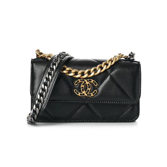 Ch*el lambskin quilted Ch*el 19 flap phone holder with chain black gold hardware (17*10*4cm)