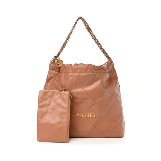 Ch*el shiny calfskin quilted Ch*el 22 camel gold hardware (37*35*7cm)