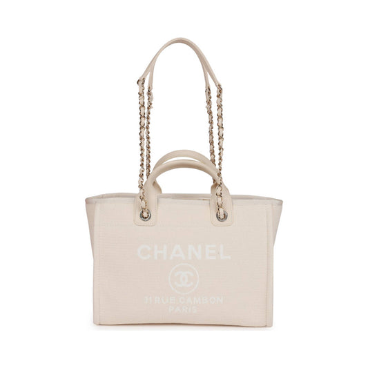 Ch*el small deauville shopping bag white boucle light gold hardware (34*27*15cm)