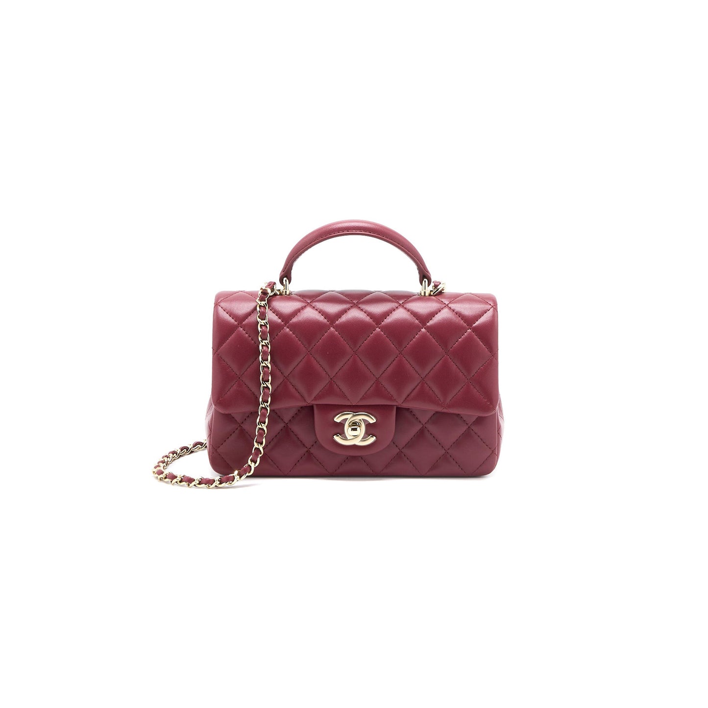 Ch**el master top handle mini rectangular flap bag lambskin burgundy ghw (20*12*6.5cm)